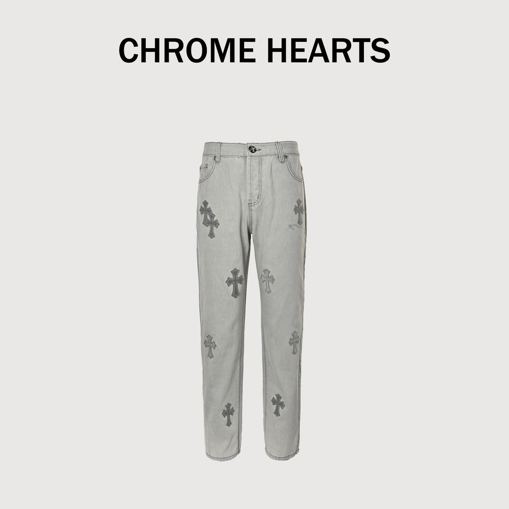 Chrome Hearts Couture Cross Leather Appliqué Washed Straight-Leg Jeans – Silver Grey XM5600824-SGR