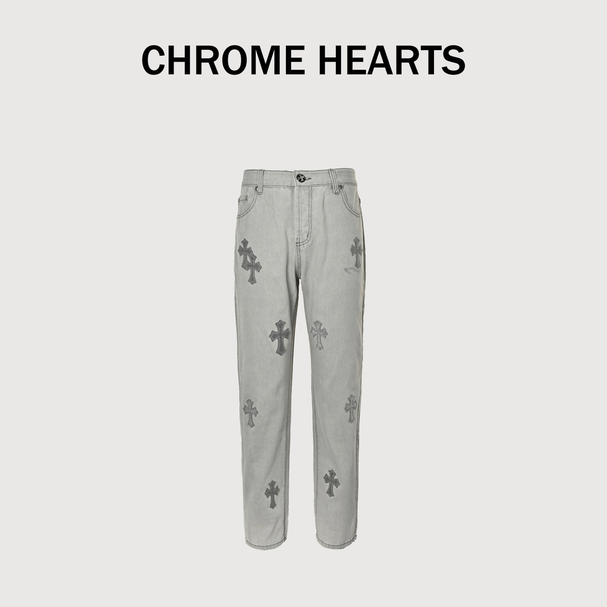 Chrome Hearts Couture Cross Leather Appliqué Washed Straight-Leg Jeans – Silver Grey XM5600824-SGR