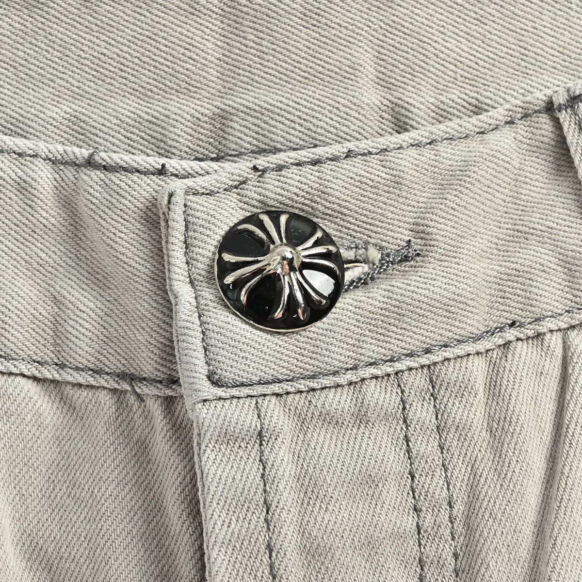 Chrome Hearts Couture Cross Leather Appliqué Washed Straight-Leg Jeans – Silver Grey XM5600824-SGR