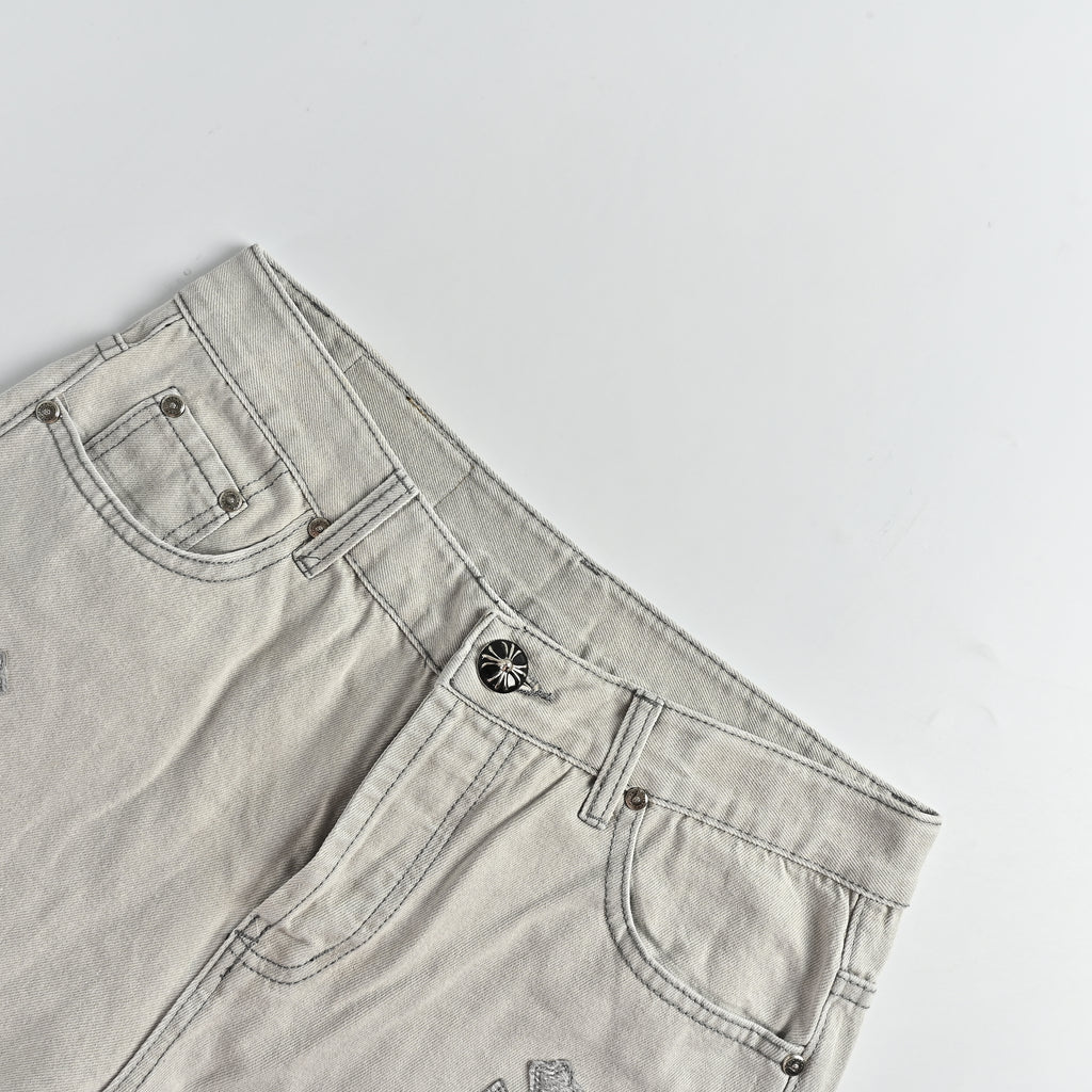 Chrome Hearts Couture Cross Leather Appliqué Washed Straight-Leg Jeans – Silver Grey XM5600824-SGR