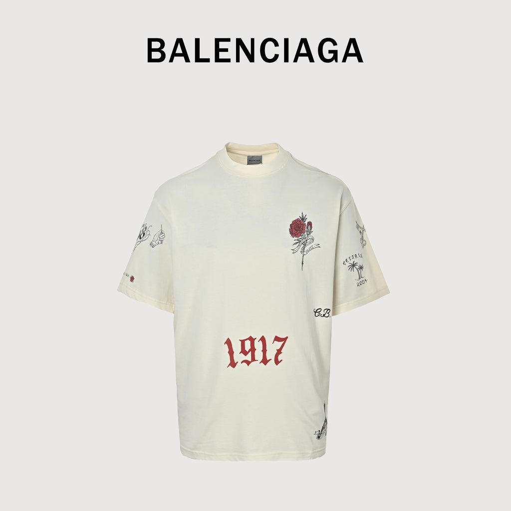 Balenciaga 1917 Rose Tattoo Print Short Sleeve T-Shirt