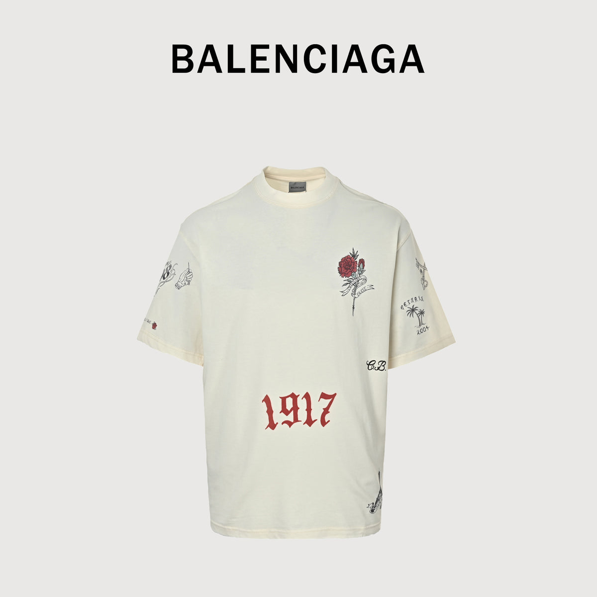 Balenciaga 1917 Rose Tattoo Print Short Sleeve T-Shirt